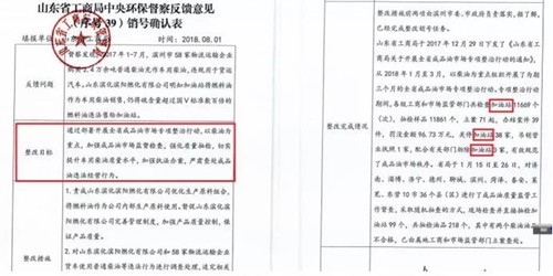 2018年11月1日，中央第三生態環境保護督察組進駐山東省開展“回頭看”。通過對相關部門走訪問詢，并抽查有關企業，發現山東省物流運輸企業違規使用普通柴油或其他高硫分燃油問題依然十分突出，柴油貨車尾氣污染嚴重。  一、基本情況  《大氣污染防治法》明確，禁止向汽車和摩托車銷售普通柴油以及其他非機動車用燃料。第一輪中央環保督察反饋指出，山東省以普通柴油替代車用柴油的情況較多，濱州等地市大量物流運輸企業違規使用普通柴油，尾氣污染問題突出。  為此，山東省整改方案要求，杜絕違規使用普通柴油的情況，并明確由原省工商局負責部署推進相應整改工作。原省工商局于2018年8月1日上報山東省環境保護督察反饋意見整改工作領導小組，聲稱該問題完成整改并銷號。  二、主要問題  督察發現，原山東省工商局作為整改責任主體沒有認真履行整改職責，未就整改工作進行部署推進，整改任務目標完全落空，全省物流運輸企業違規使用普通柴油或高硫分燃油問題依然普遍存在。  （一）違規售油無人管。督察組抽查3個地市的4家煉化公司，發現這些煉化公司違規大量向物流運輸企業銷售普通柴油或其他高硫分燃油，導致這些柴油大量替代車用柴油使用，污染嚴重。2018年，東營齊潤化工有限公司將3萬余噸硫含量近2000mg/kg的常壓柴油售給物流運輸企業和加油站，墾利石化有限公司也將3萬余噸硫含量2000-3000mg/kg的燃油售給相關物流運輸企業和加油站，硫含量最高超標約300倍。2017年中央環保督察以來，山東匯豐石化集團有限公司將近40萬噸普通柴油銷往多家物流運輸企業，濰坊市昌邑石化有限公司將5萬余噸國Ⅳ和國Ⅴ的普通柴油售給物流運輸企業?，F場抽查發現，物流運輸企業多數在自身停車場內私自安裝加油裝置，將所購違規油品自用，昌邑市盛宏物流有限公司甚至違法轉售其他社會車輛。   圖1 昌邑市盛宏物流有限公司在停車場內私設加油裝置  （二）督察整改做樣子。原省工商局作為督察整改的責任主體，接受任務時服從安排，實際整改時做做樣子。督察反饋明確指出問題主要是煉化公司違法向物流運輸企業銷售普通柴油替代車用柴油使用，導致汽車尾氣污染。但原省工商局等部門整改時僅部署對加油站和成品油倉儲批發企業的檢查，沒有將煉化公司到物流運輸企業的黑色鏈條作為查處對象。整改工作指東打西，真正問題沒有觸及。另外，整改方案明確的目標是“強化日常監督管理，杜絕違規使用普通柴油”；但原省工商局擅自在銷號材料中將目標改為“針對加油站開展專項整治行動”，以此蒙混過關，虛假銷號。   圖2 原省工商局在銷號確認表上弄虛作假  （三）執法監管走過場。2017年以來，山東省各市共打擊取締非法加油點近2000家，但僅對涉案物流運輸企業進行了處罰，未能以此為線索追根溯源，對源頭煉化公司違規售油問題進行查處，煉化企業到物流運輸企業的黑色鏈條始終未被斬斷。  一些煉化企業長期游離于監管之外，缺乏對法律的敬畏。2018年8月，生態環境部調研發現中國化工集團山東昌邑石化有限公司涉嫌違法生產銷售國Ⅳ普通柴油，但在進一步調查時，企業拒絕配合，不提供相關臺賬，并臨時編造相關記錄。“回頭看”進駐后，督察組再次現場檢查，要求企業提供儲運臺賬，企業依然拒絕提供，并繼續編造謊言，提供虛假材料，性質十分惡劣。  對此，濰坊市查處不嚴不實，甚至試圖蒙混過關。在督察組兩次督導后，查處工作依然走過場，在未調度企業生產記錄和儲運臺賬等關鍵證據的情況下，即采信企業說法，甚至未調閱生產記錄就作出該企業2018年未生產銷售國Ⅳ普通柴油的結論。直到督察組再次督導、進一步明確要求后才加大查處力度，發現該企業2018年實際以燃料油名義違規銷售國Ⅳ普通柴油4萬多噸。  三、原因分析  原山東省工商局不在整改落實中下功夫，反而在整改銷號上動腦筋，表面整改，虛假整改問題突出。  山東省有關地市不敢動真碰硬，對違法銷售不合格油品的黑色鏈條整治不力，未能對油品來源追根溯源，未對煉化企業的違法行為依法查處。